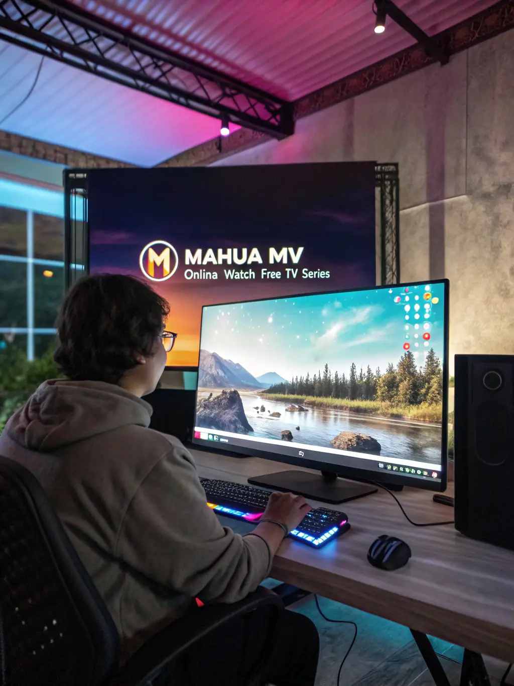 An image showcasing the AI-powered background replacement feature in the Mahua mv online watch free TV series app, with a user seamlessly placed in a different scene.