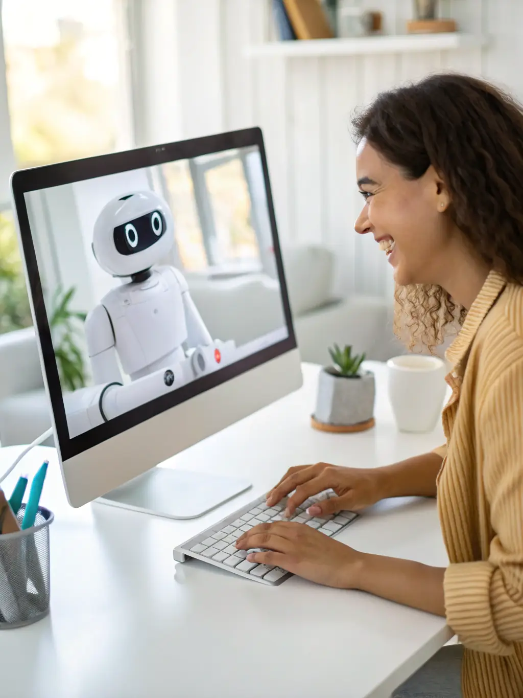 A digital rendering of an AI companion character offering a comforting gesture, set against a backdrop of a cozy virtual living room.