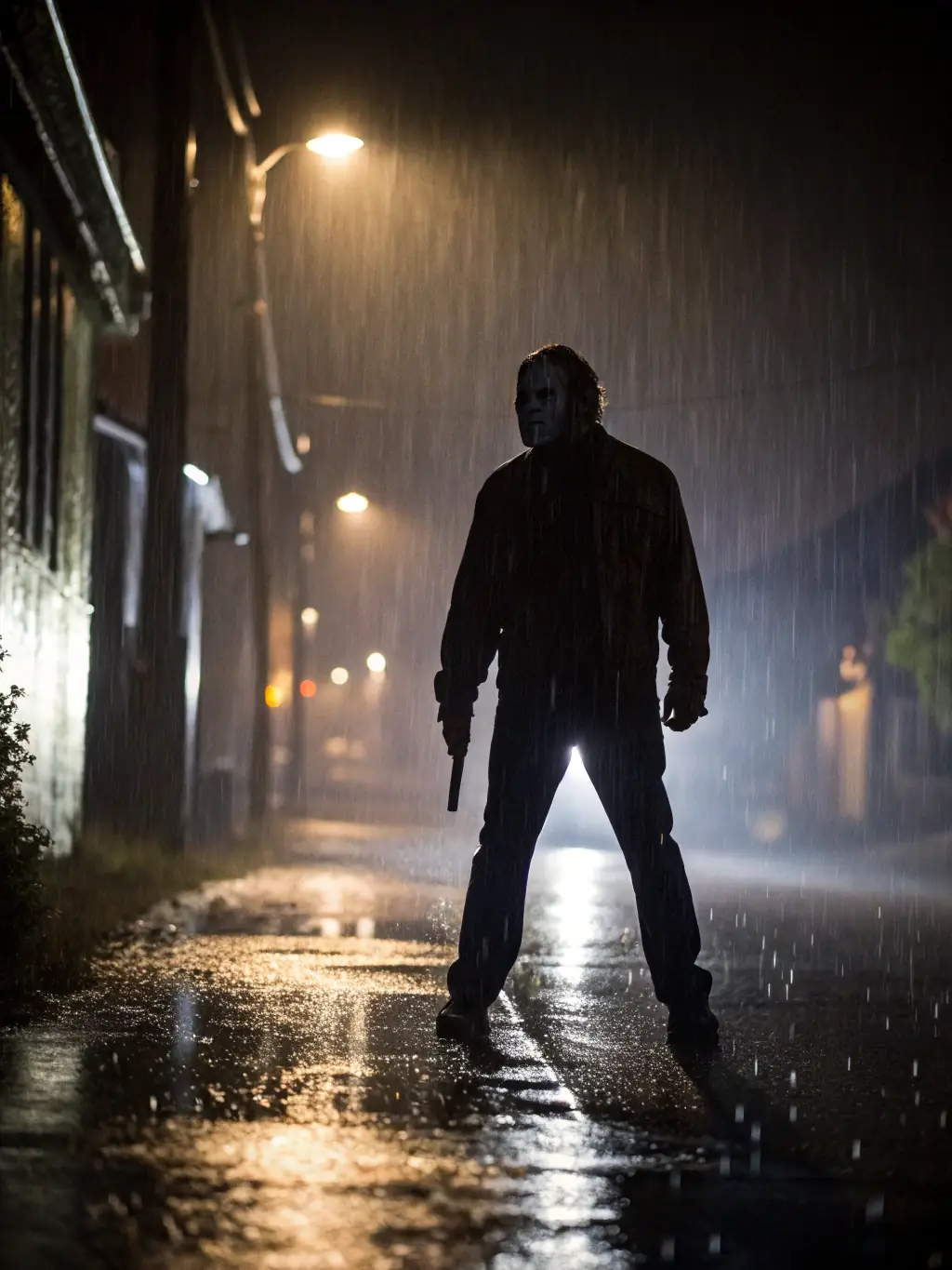 A suspenseful shot from an AI-produced thriller, showing a shadowy figure lurking in a dark alley, used to showcase the platform's ability to generate gripping and suspenseful content on Mahua mv.