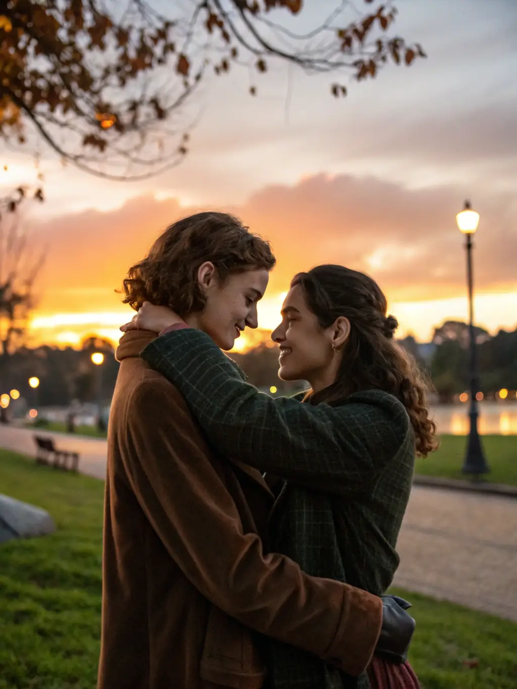 A promotional image for an AI-created romantic drama series, featuring two characters in a heartfelt embrace against a scenic backdrop, highlighting the emotional depth of AI-generated content.